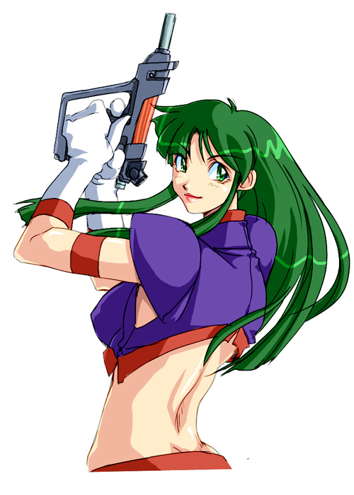 1girl, back, breasts, female_focus, gloves, green_eyes, green_hair, gun