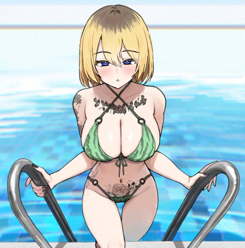 1girl, arm_tattoo, bikini, blonde_hair, blue_eyes, blush, breasts, chest_tattoo