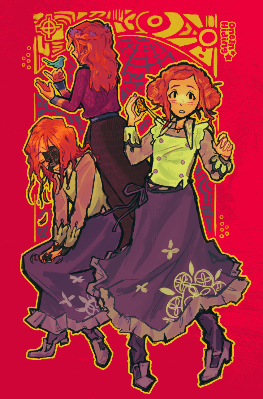 2girls, absurdres, android, artist_name, bird, bird_on_hand, blouse, bluebird