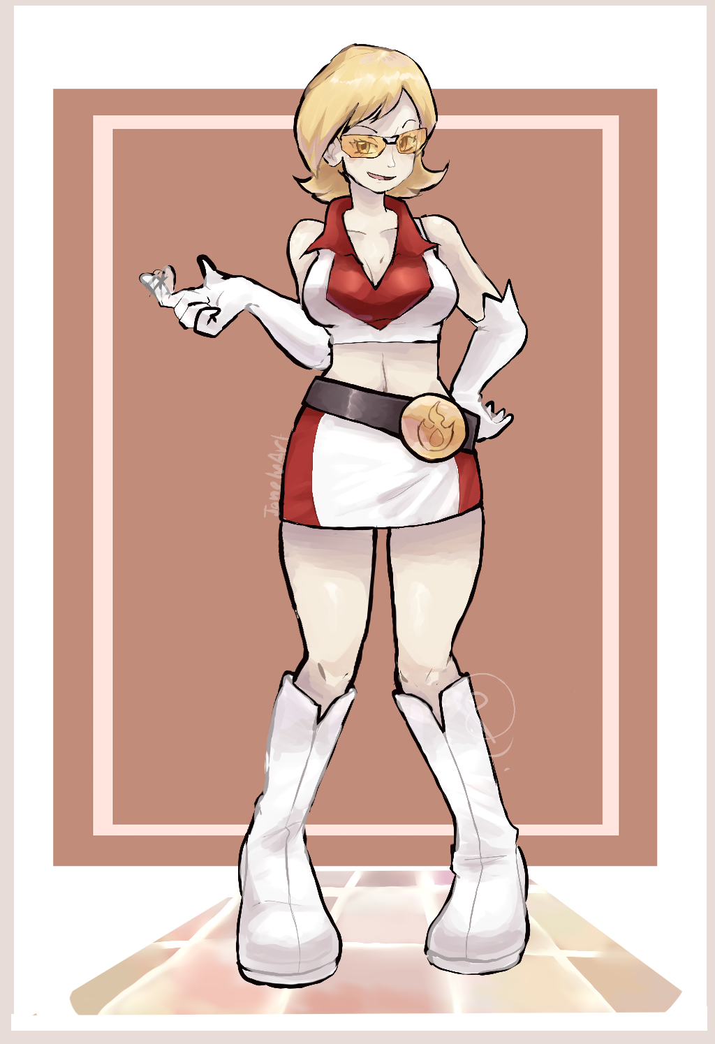 1girl, bare_shoulders, belt, black_belt, blonde_hair, boots, breasts, cleavage