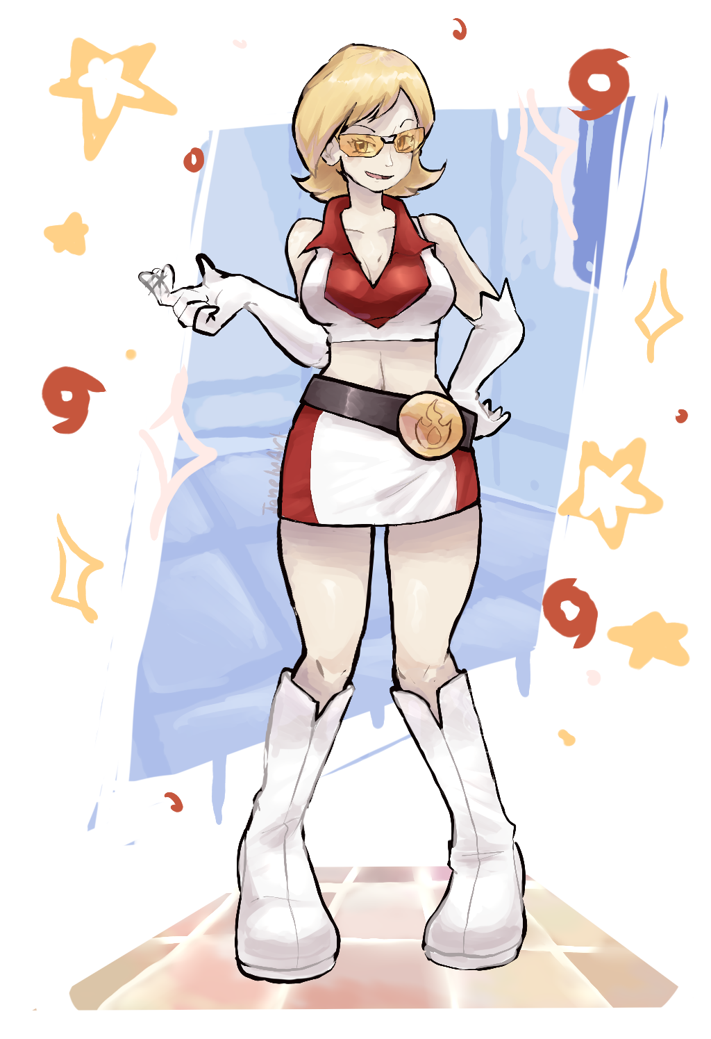 1girl, bare_shoulders, belt, black_belt, blonde_hair, boots, breasts, cleavage