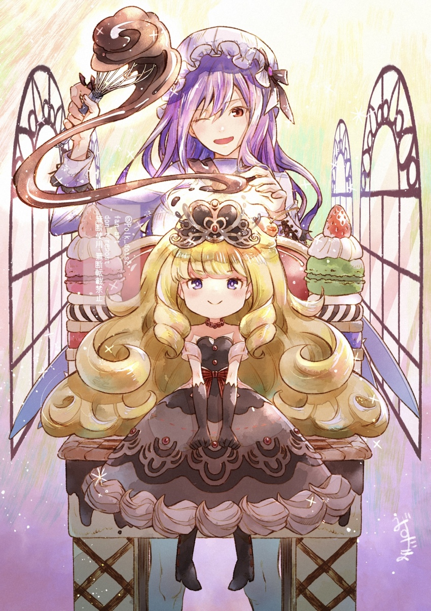 2girls, blonde_hair, bow, brown_dress, dessert, dress, duel_monster, food