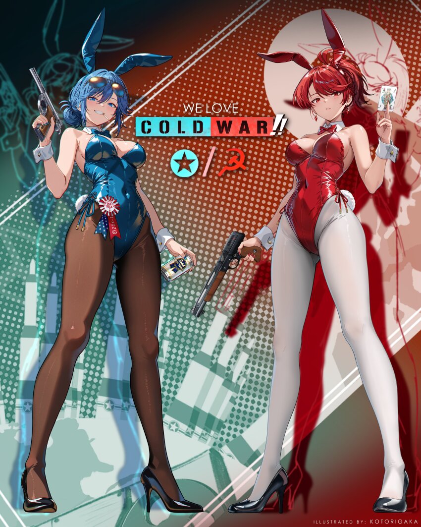 2girls, absurdres, animal_ears, artist_name, automag, aviator_sunglasses, beer_can, blue_eyes, blue_hair, blue_leotard, breasts, can, card, central_intelligence_agency, commentary, covered_navel, detached_collar, drink_can, english_commentary, gun, handgun, high_heels, highres, holding, holding_gun, holding_weapon, kgb, kotorigaka, leotard, logo_background, looking_at_viewer, multiple_girls, naomi_bluebird, pantyhose, playboy_bunny, playing_card, rabbit_ears, red_eyes, red_hair, red_leotard, ribbon, shadow, sheer_pantyhose, side-tie_leotard, sideboob, sunglasses, valerie_konstanz, we_love_cold_war, weapon, weapon_request, white_pantyhose, wrist_cuffs