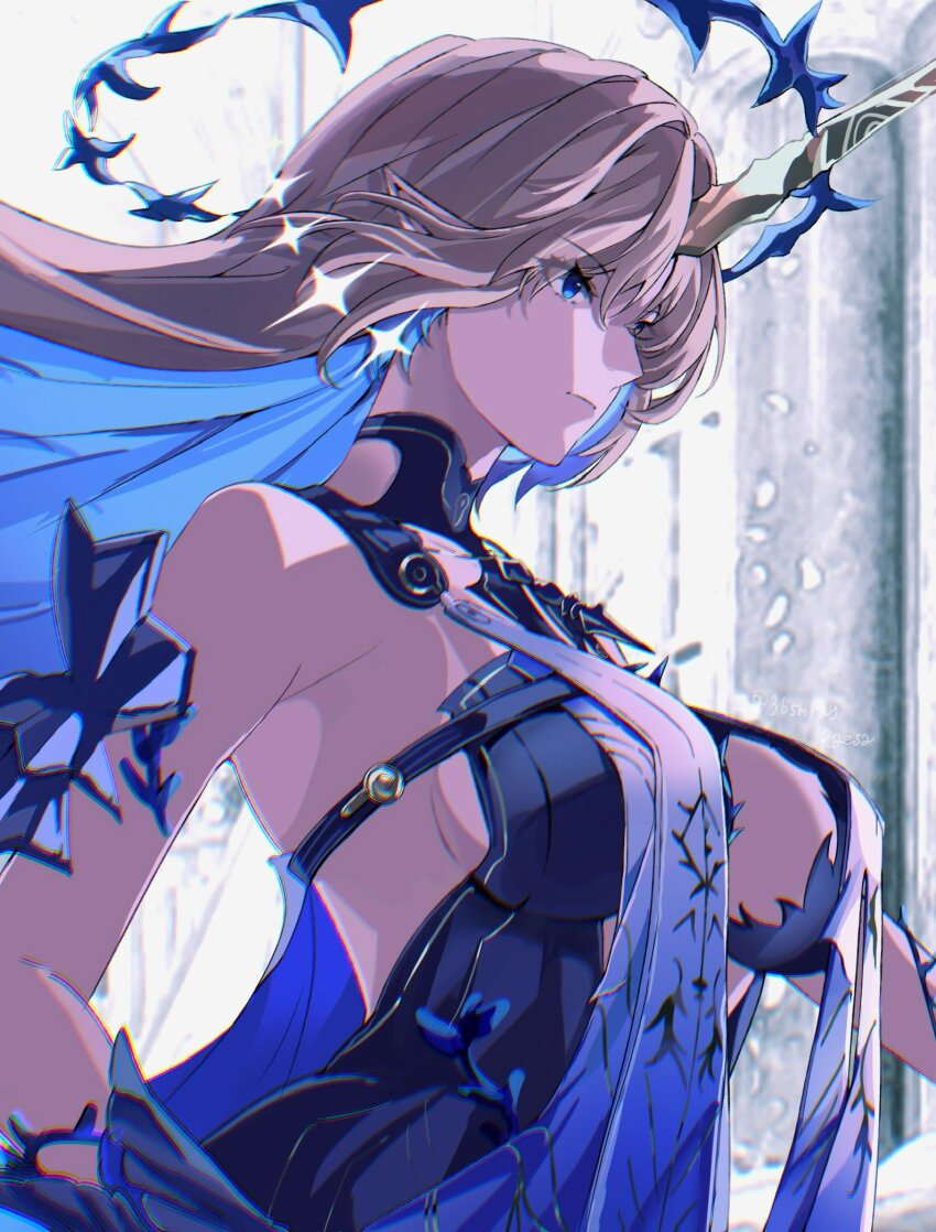 1girl, bare_shoulders, black_collar, black_dress, blonde_hair, blue_eyes, blue_hair, blue_hands, breast_curtains, breasts, closed_mouth, collar, colored_inner_hair, commentary_request, crown, dress, earrings, fleurdelys_(wuthering_waves), floating_crown, floating_earrings, from_side, highres, horns, jewelry, large_breasts, long_hair, long_horns, multicolored_hair, pointy_ears, ray_(36smray), single_horn, solo, tabard, very_long_hair, white_tabard, wuthering_waves, yellow_horns