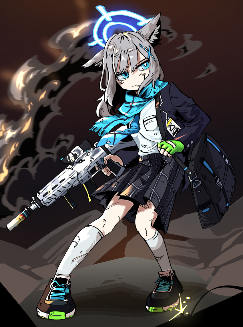 1girl, animal_ear_fluff, animal_ears, assault_rifle, bag, black_jacket, black_shoes, blue_archive