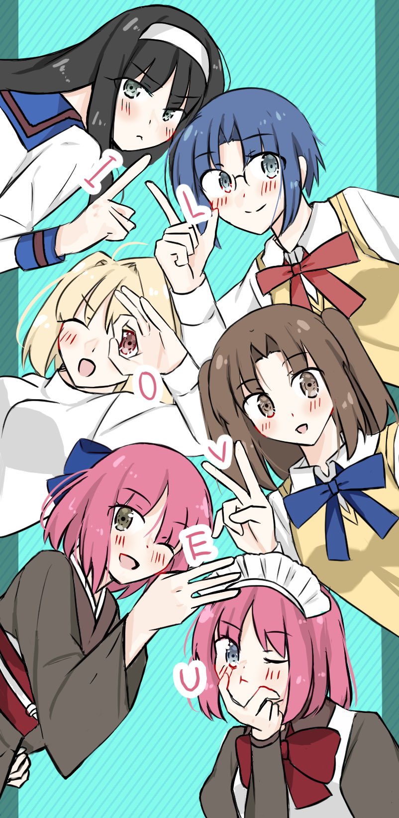 02surume, 6+girls, ahoge, apron, arcueid_brunestud, asagami_private_girls_acadamy_uniform, black_hair, blonde_hair