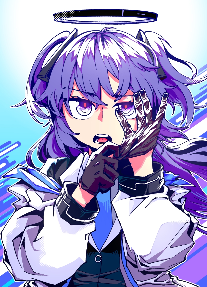 1girl, absurdres, black_gloves, black_jacket, blue_archive, blue_necktie, coat, floating_hair