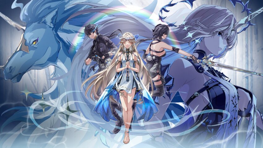 1boy, 3girls, absurdres, bare_legs, bare_shoulders, black_dress, black_gloves, black_hair, black_jacket, blue_hair, breasts, cartethyia_(wuthering_waves), colored_inner_hair, commentary, dress, dual_persona, earrings, female_rover_(wuthering_waves), fleurdelys_(wuthering_waves), floating_earrings, gloves, hashtag-only_commentary, highres, horns, imperator_(wuthering_waves), jacket, jewelry, large_breasts, legs, long_hair, long_horns, low_ponytail, male_rover_(wuthering_waves), medium_breasts, multicolored_hair, multiple_girls, own_hands_clasped, own_hands_together, pangu_terminal_(wuthering_waves), pointy_ears, ponytail, ray_(36smray), revision, rover_(wuthering_waves), single_horn, small_breasts, tabard, unicorn, white_tabard, wuthering_waves