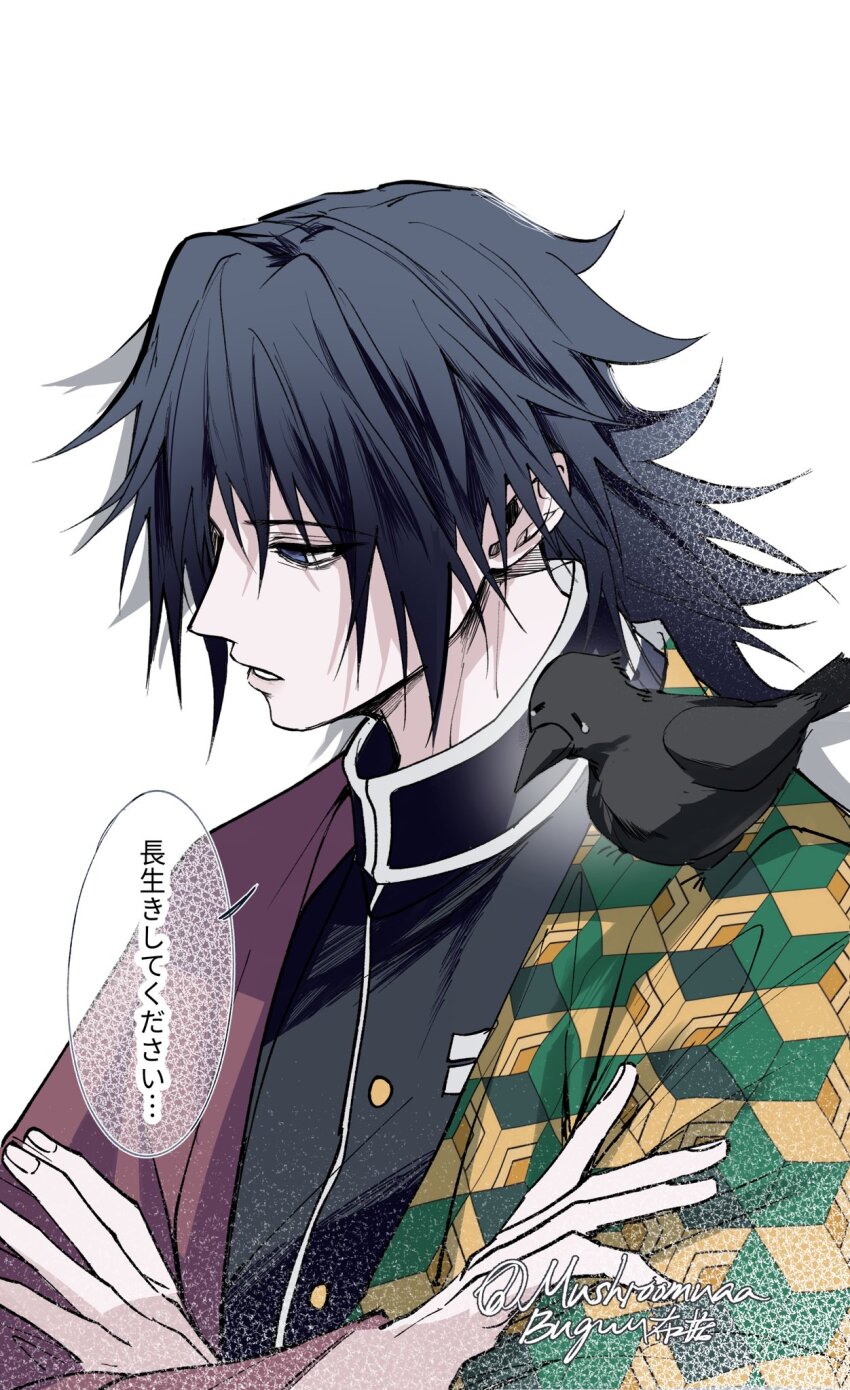 1boy, bird, black_hair, black_jacket, blue_eyes, buttons, crossed_arms, crow