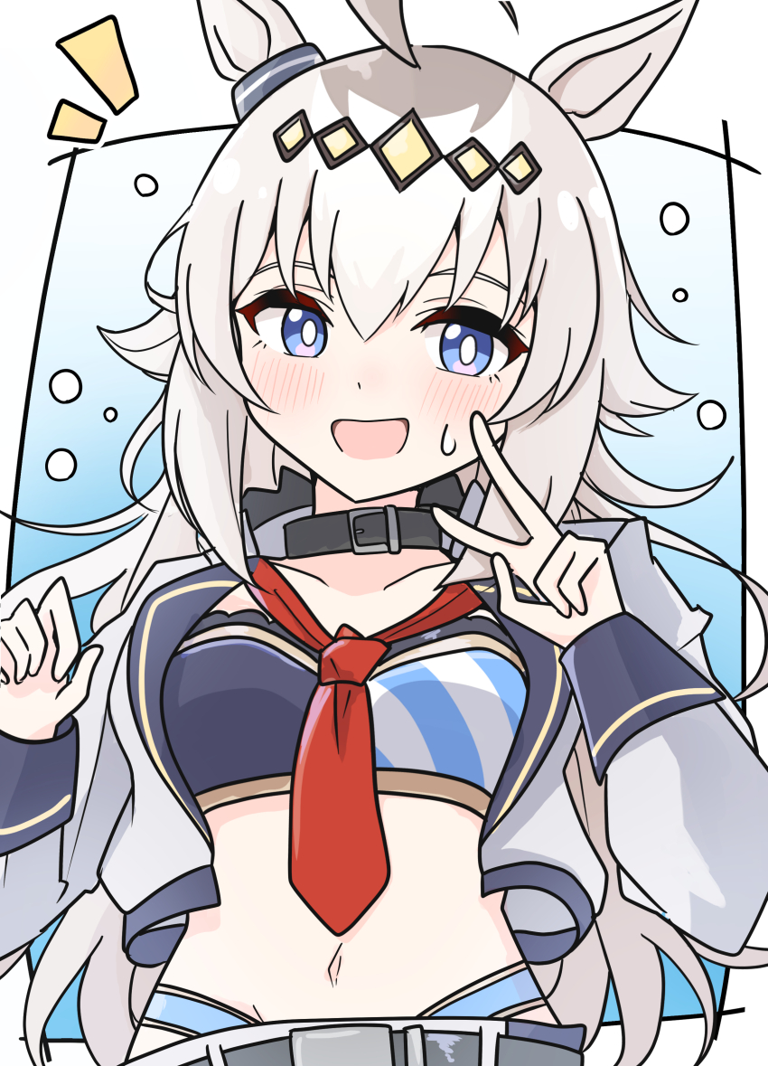 1girl, absurdres, ahoge, animal_ears, arnolddayo, bandeau, black_choker, blue_eyes, blush, breasts, choker, collarbone, ear_ornament, grey_hair, hair_between_eyes, hair_ornament, hairband, highres, horse_ears, horse_girl, jacket, long_hair, long_sleeves, looking_at_viewer, multicolored_hair, navel, necktie, oguri_cap_(umamusume), open_clothes, open_jacket, open_mouth, panties, pantyshot, red_necktie, smile, solo, stomach, sweatdrop, umamusume, umamusume:_cinderella_gray, underwear, upper_body, v, white_jacket