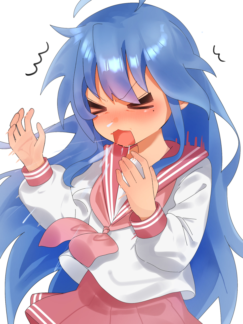 1girl, ahoge, blue_hair, blush, closed_eyes, gsa082rnw, highres, izumi_konata