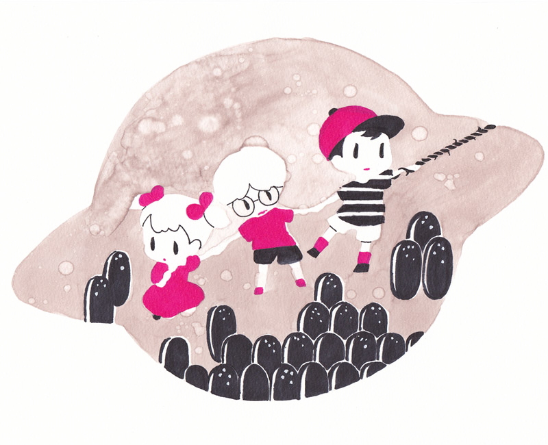 1girl, 2boys, ana_(mother), baseball_cap, commentary_request, dress, glasses, hair_ribbon