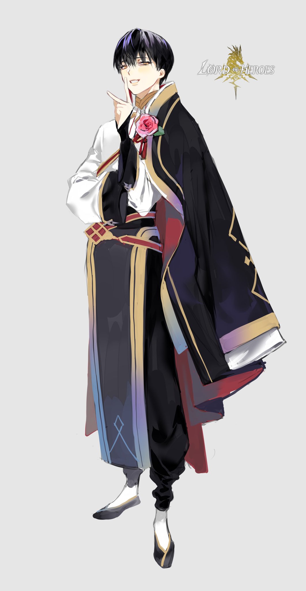 1boy, black_hair, chamuring, commentary_request, copyright_name, flats, flower, full_body