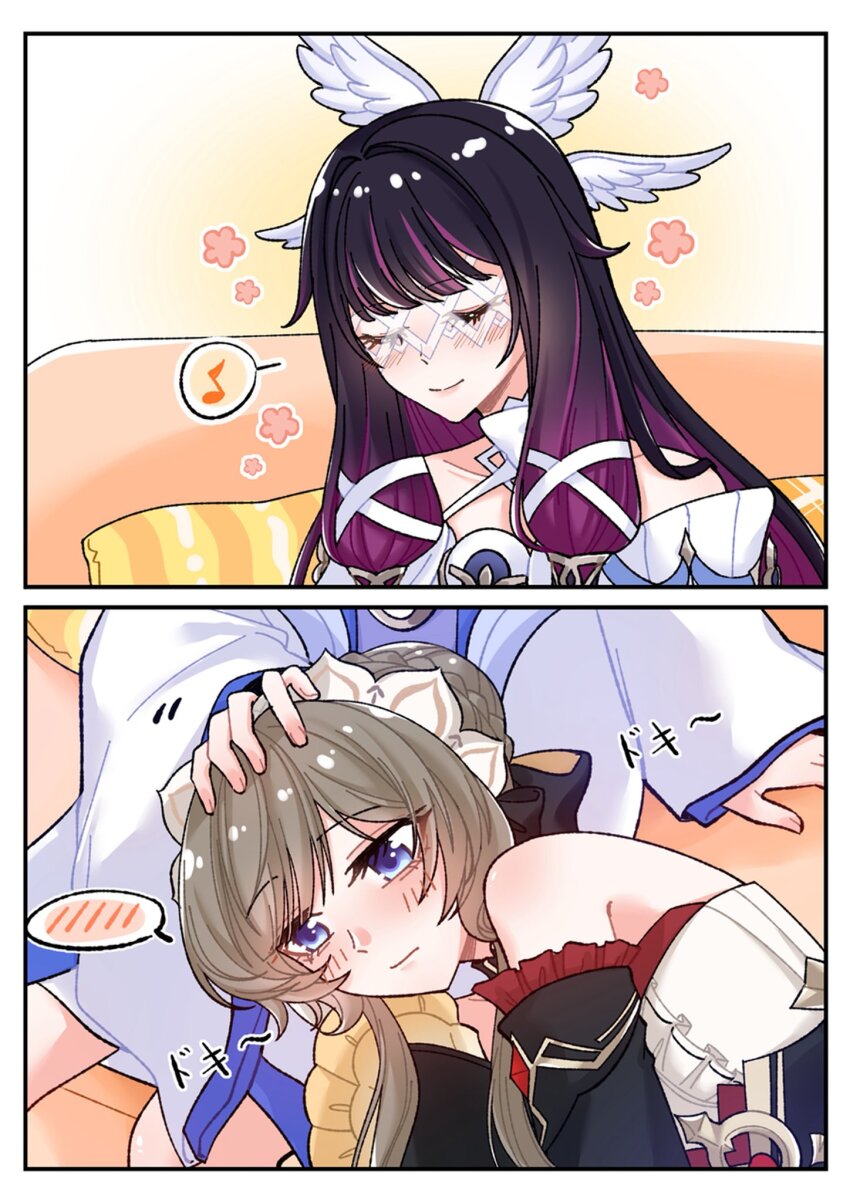 2girls, bare_shoulders, black_hair, blue_eyes, blush, braid, braided_bun, brown_hair, closed_eyes, closed_mouth, columbina_(genshin_impact), commentary_request, couch, dress, genshin_impact, hair_bun, hand_on_another's_head, highres, lap_pillow, momotomi000, multiple_girls, musical_note, on_couch, purple_streaks, sandrone_(genshin_impact), spoken_musical_note, white_dress, yuri