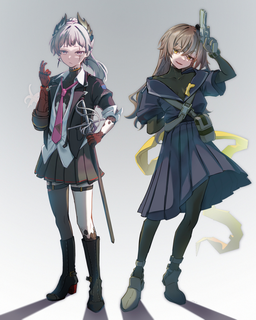 2girls, absurdres, arknights, brown_hair, cosplay, cross, cross_earrings, crossover