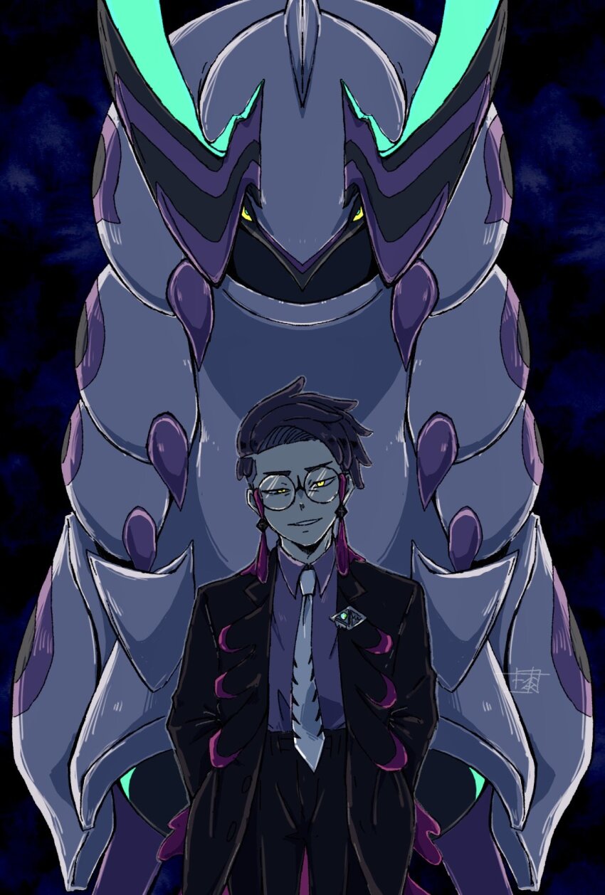 1boy, antennae, armor, black-framed_eyewear, black_hair, black_jacket, black_pants, bug