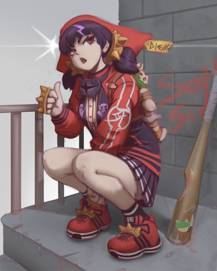 absurdres, baseball_bat, black_hair, black_skirt, black_socks, brass_knuckles, brick_wall, character_doll, commentary, coqui_saporana, doll, english_commentary, eyelashes, full_body, graffiti, highres, indie_virtual_youtuber, jacket, long_sleeves, meat_(vtuber), medium_hair, multicolored_hair, open_clothes, open_jacket, open_mouth, purple_hair, railing, red_eyes, red_jacket, red_shoes, rummy_&amp;_coqui, shirt, shoes, skirt, socks, solo, spiked_knuckles, spikes, squatting, stairs, streaked_hair, twintails, two-tone_hair, virtual_youtuber, weapon, zhjake