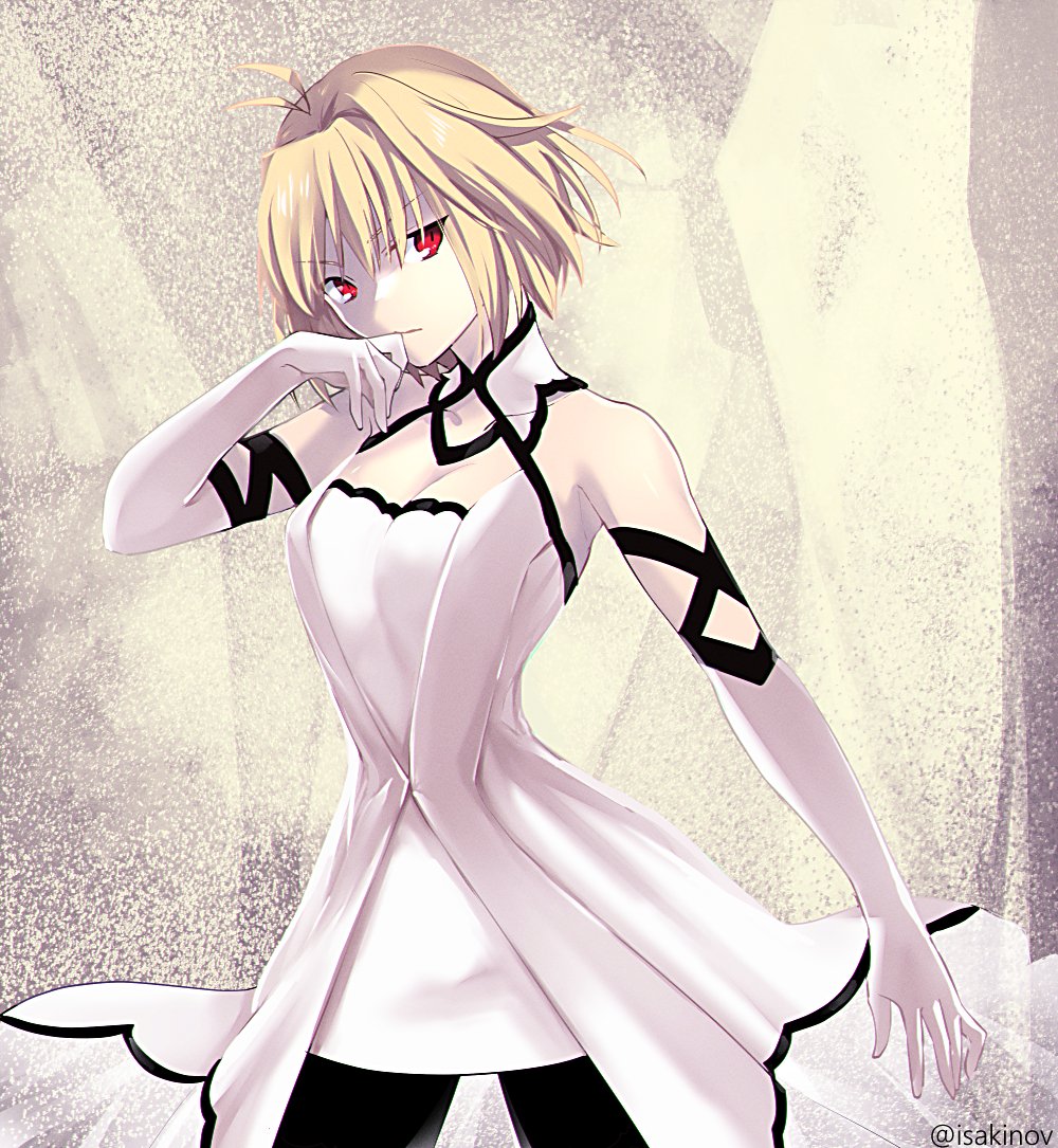 1girl, ahoge, arcueid_brunestud, arcueid_brunestud_(clad_in_glacier), bare_shoulders, blonde_hair, breasts, cleavage, dress, elbow_gloves, gloves, hair_intakes, hair_ornament, looking_at_viewer, official_alternate_costume, pantyhose, red_eyes, short_hair, sukiniyaru, tsukihime, tsukihime_(remake), upper_body, white_dress, white_gloves