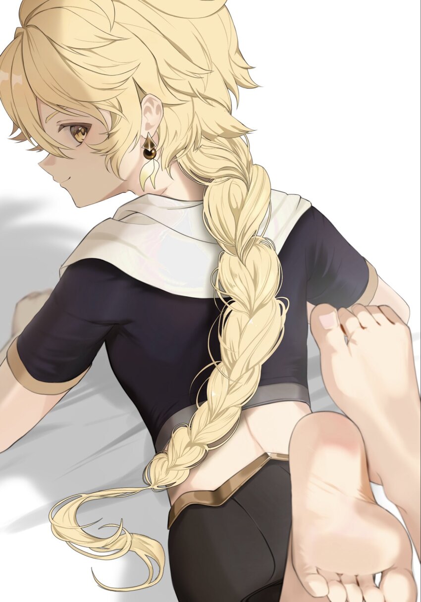 1boy, aether_(genshin_impact), back, barefoot, black_pants, black_shirt, blonde_hair, braid