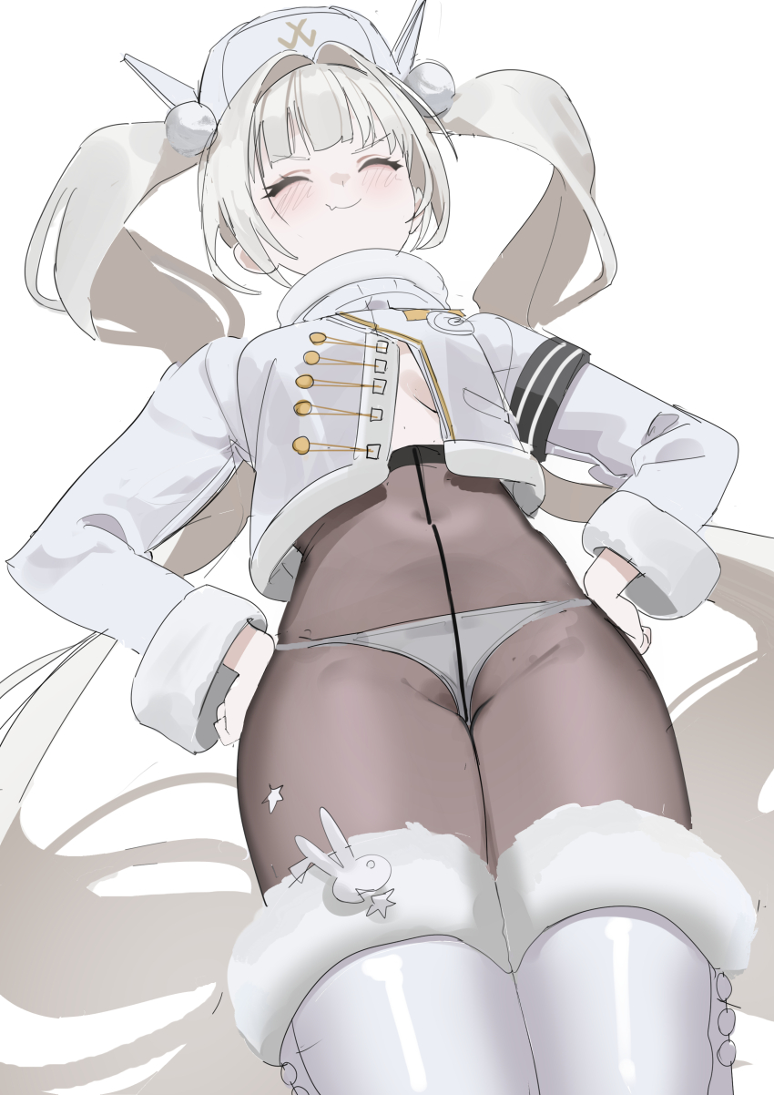 1girl, absurdres, blanc_(fortune_express)_(nikke), blanc_(nikke), blush, boots, breasts, closed_eyes