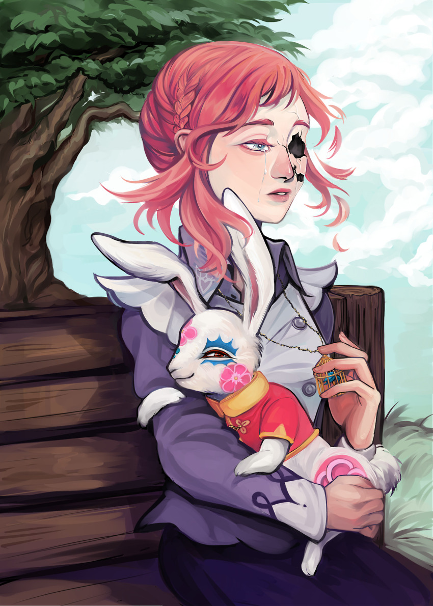 1girl, android, animal, bench, blouse, blue_eyes, buttons, closed_mouth