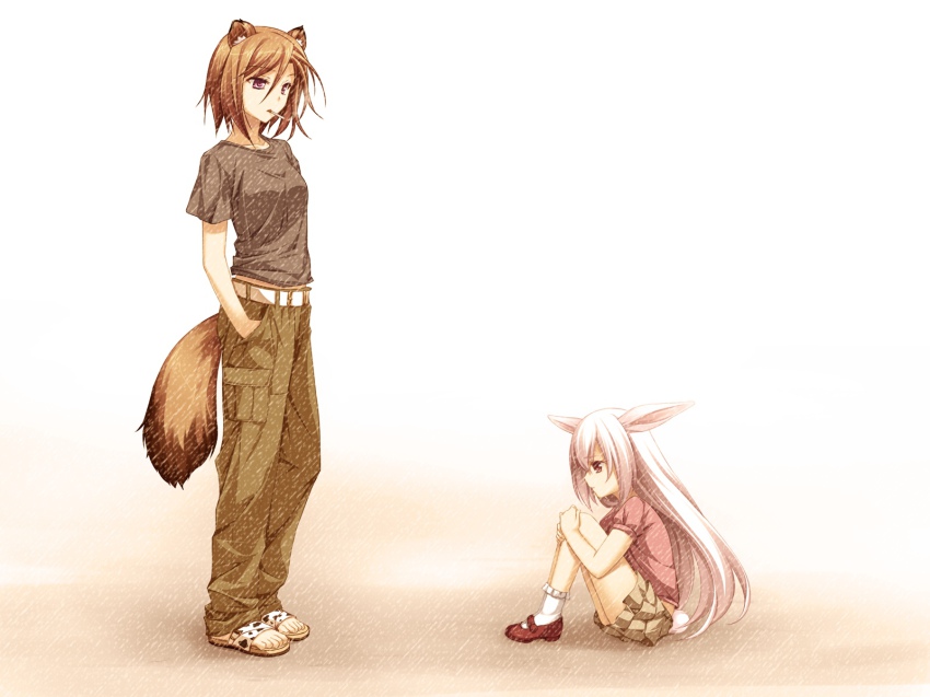 2girls, animal_ears, belt, breasts, brown_hair, cigarette, game_cg, highres, hugging_own_legs, kusahara_hanemi, multiple_girls, nagumo_ryouko, otomimi_infinity, purple_eyes, purple_hair, rabbit_ears, rabbit_girl, rabbit_tail, skirt, tail