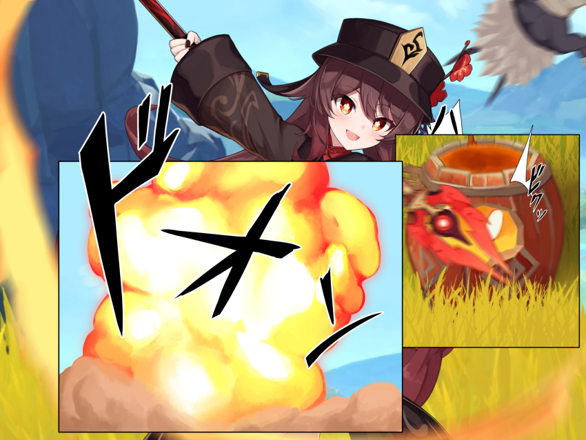 1girl, black_hat, black_nails, blush, breasts, brown_hair, brown_shirt, explosion