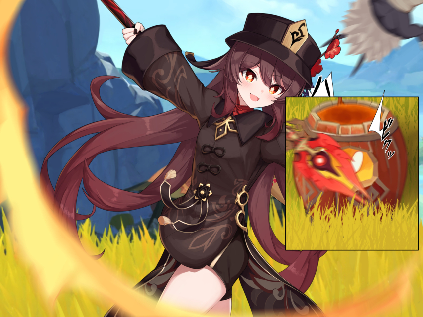 1girl, black_hat, black_nails, blush, breasts, brown_hair, brown_shirt, flower