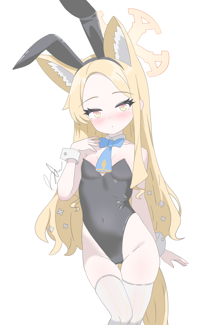 1girl, absurdres, animal_ear_hairband, animal_ears, black_leotard, blonde_hair, blue_archive, blue_bow