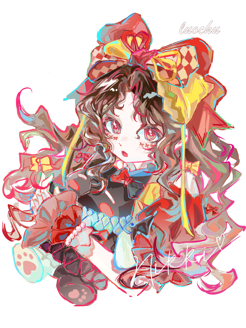 1girl, absurdres, argyle_bow, artist_name, bead_bracelet, beads, black_hair, bow