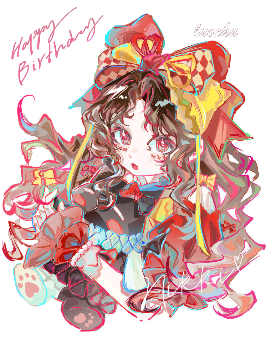 1girl, absurdres, argyle_bow, artist_name, bead_bracelet, beads, black_hair, bow