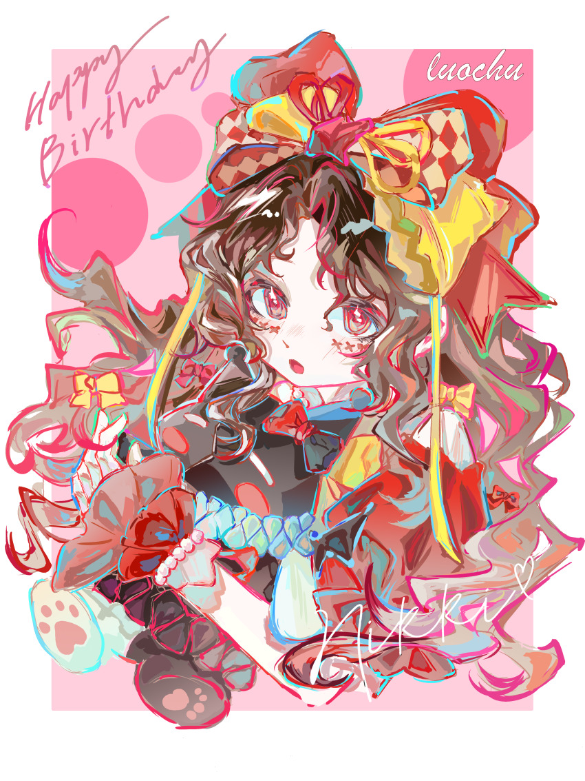 1girl, absurdres, argyle_bow, artist_name, bead_bracelet, beads, black_hair, border