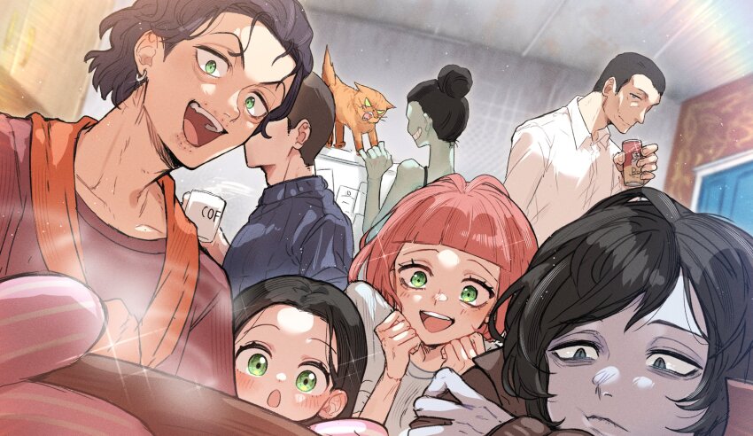 3girls, 4boys, :o, :p, bar_guy_(no_i'm_not_a_human), black_eyes, black_hair, black_shirt, blue_shirt, blunt_bangs, bowl, brown_coat, can, cashier_girl_(no_i'm_not_a_human), cat, cat_lady_(no_i'm_not_a_human), closed_mouth, coat, coat_guy_(no_i'm_not_a_human), collared_shirt, cup, earrings, faceless, faceless_male, green_eyes, hair_bun, highres, holding, holding_bowl, holding_can, holding_cup, indoors, jacket, jacket_around_neck, jewelry, little_girl_(no_i'm_not_a_human), looking_at_food, medium_hair, multiple_boys, multiple_girls, nekowaka_smore, no_i'm_not_a_human, open_mouth, orange_cat, orange_jacket, oven_mitts, pale_skin, parted_bangs, protagonist_(no_i'm_not_a_human), red_hair, red_shirt, refrigerator, shirt, short_hair, single_earring, smile, stitched_mouth, stitches, tank_top, tongue, tongue_out, turtleneck, turtleneck_shirt, white_shirt, wireface_(no_i'm_not_a_human)