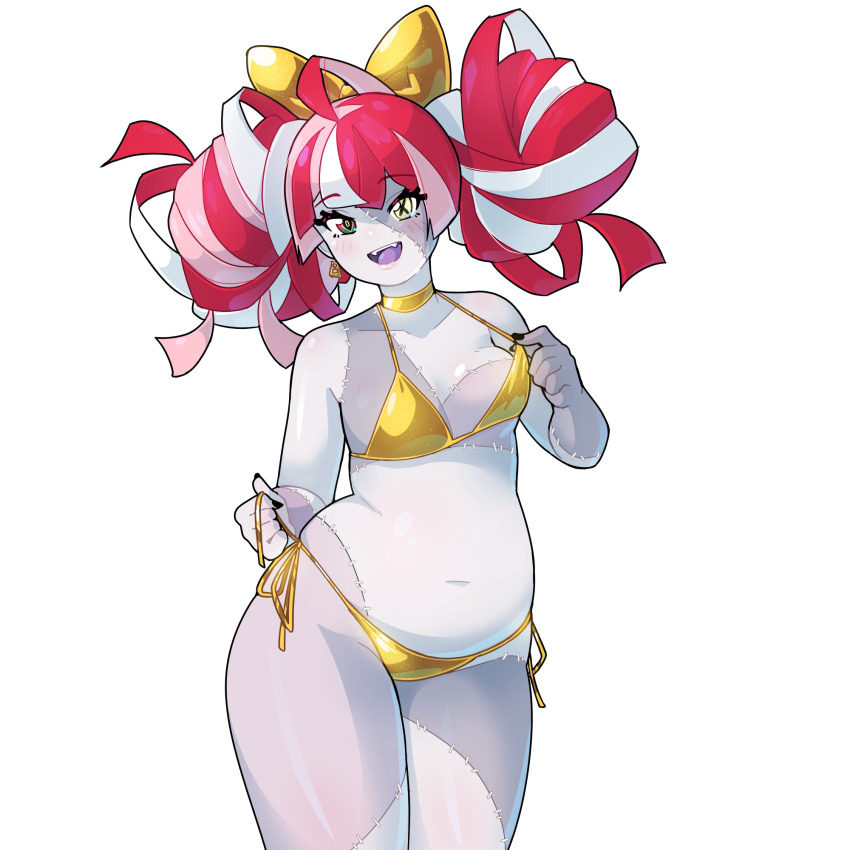 1girl, alpha_transparency, bare_shoulders, bikini, black_nails, blush, bow, collarbone, colored_skin, commentary, cowboy_shot, diamond-shaped_pupils, diamond_(shape), double_bun, earrings, english_commentary, fangs, gold_bikini, gradient_eyes, grey_skin, hair_bun, highres, hololive, hololive_indonesia, jewelry, kureiji_ollie, looking_at_viewer, morningpanda, multicolored_eyes, multicolored_hair, navel, open_mouth, plump, red_hair, solo, stitched_arm, stitched_face, stitched_groin, stitched_leg, stitched_torso, stitches, string_bikini, swimsuit, symbol-shaped_pupils, teeth, thick_thighs, thighs, transparent_background, upper_teeth_only, virtual_youtuber, white_hair, x-shaped_pupils, yellow_bikini, yellow_bow, yellow_collar, zombie