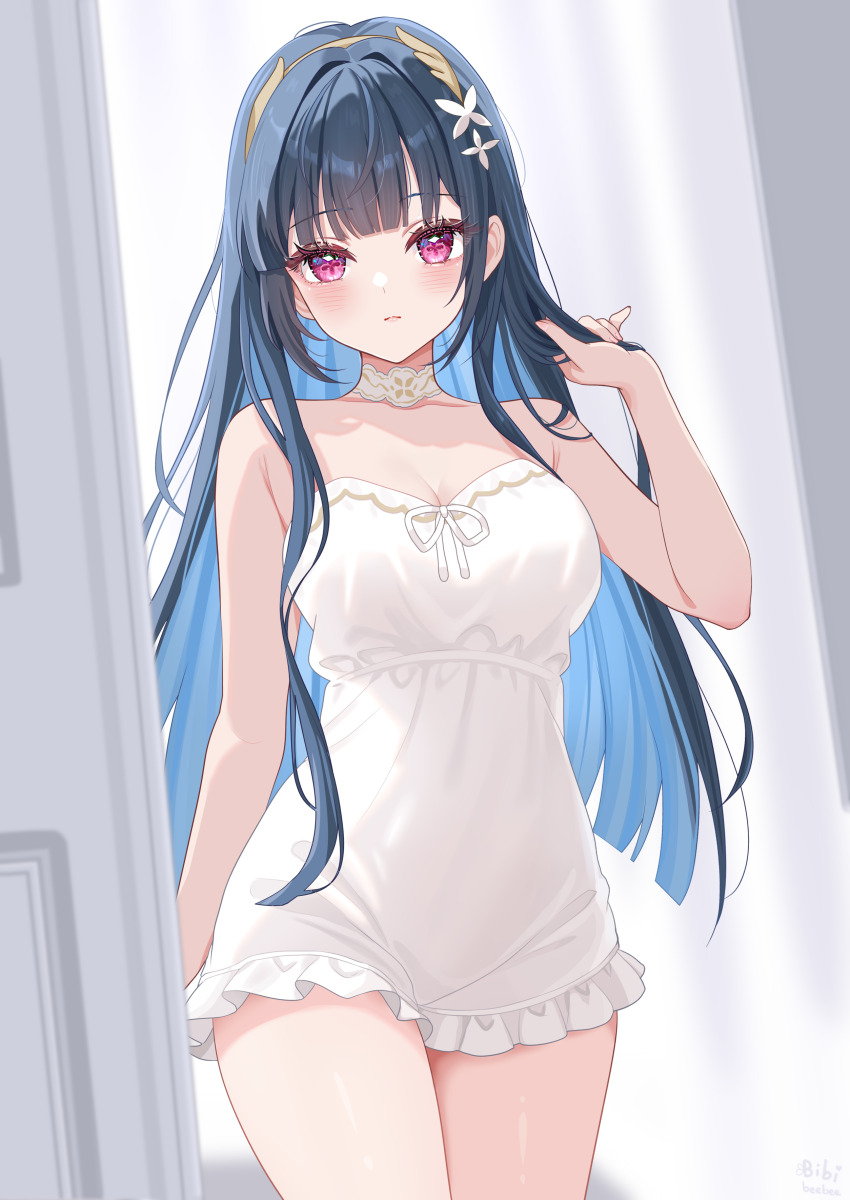 1girl, absurdres, bare_arms, bare_shoulders, bibixart, black_hair, blue_hair, breasts