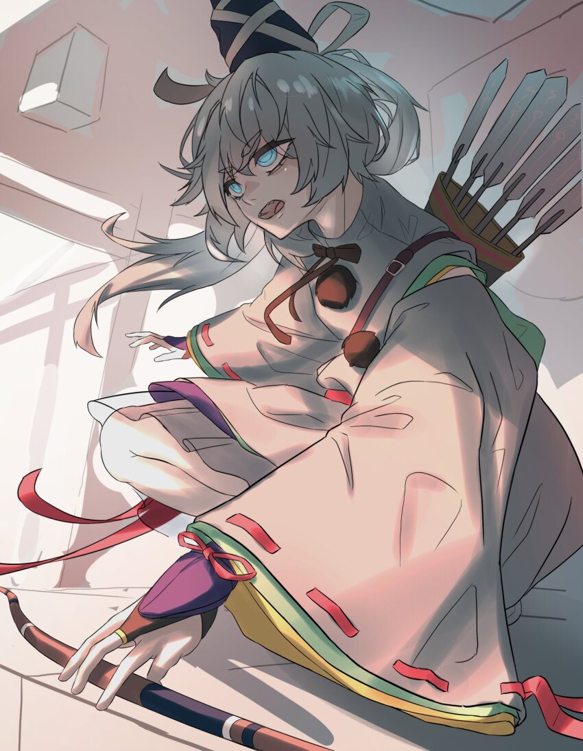 1girl, absurdres, ametonalu, archery_shooting_glove, arrow_(projectile), blue_eyes, blue_hat, bow_(weapon)