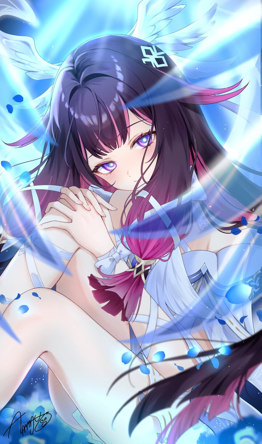 1girl, absurdres, almanju, angel_wings_hair_ornament, artist_name, bare_legs, bare_shoulders, black_hair