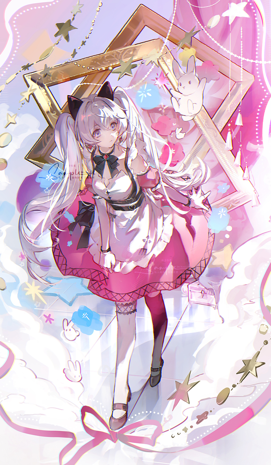 1girl, animal, apron, black_bow, black_bowtie, black_shoes, bow, bowtie