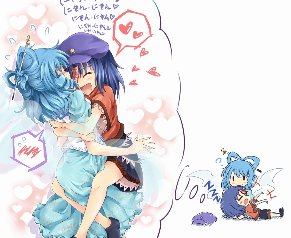 2girls, =_=, ?, ^_^, blue_hair, blush, chibi, closed_eyes