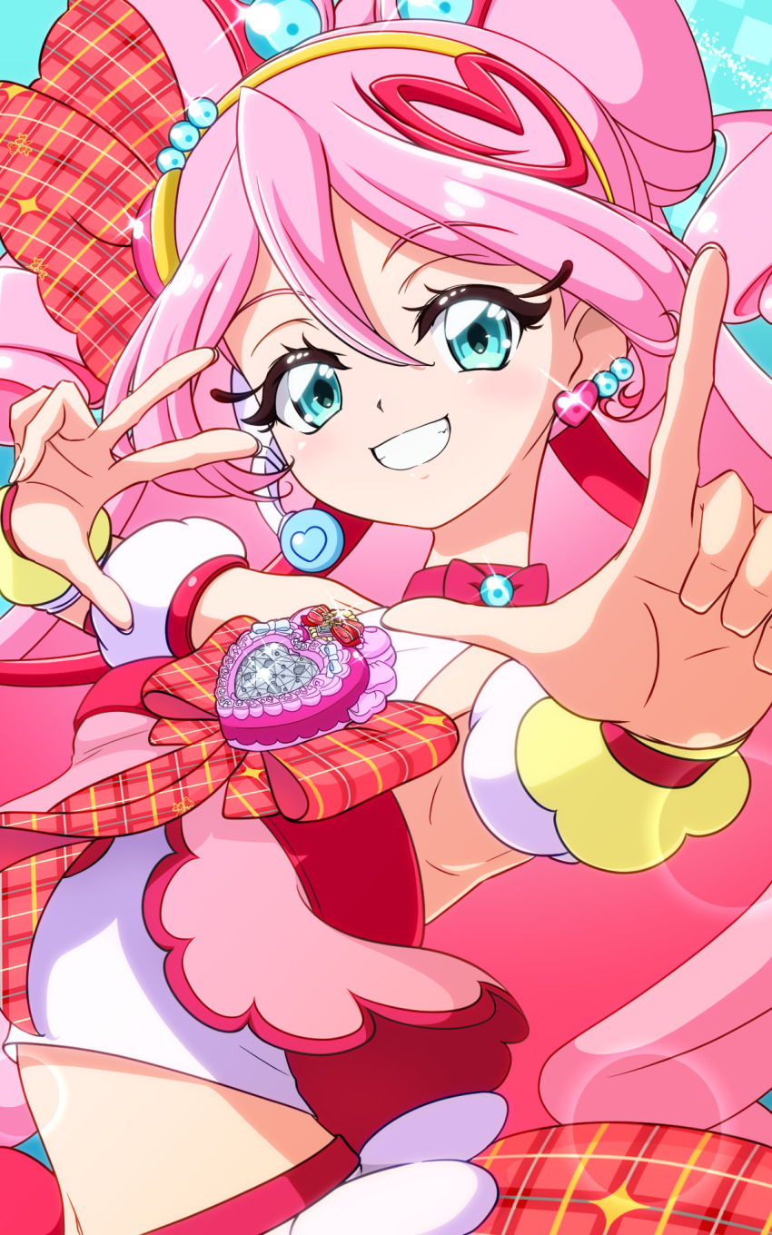 1girl, :d, aqua_background, arm_warmers, armpits, bare_shoulders, bechamel, blue_eyes, blush, bow, bow-shaped_hair, bridal_gauntlets, brooch, chest_bow, choker, collarbone, commentary, crop_top, cure_idol, cure_idol_(idol_heart_ribbon_style), detached_sleeves, double-parted_bangs, drill_hair, earrings, glint, grin, hair_between_eyes, hair_bun, hair_ornament, hair_ribbon, hairband, headset, heart, heart_brooch, heart_earrings, highres, idol, idol_heart_brooch_(precure), impossible_hair, index_finger_raised, jewelry, kimi_to_idol_precure, long_hair, looking_at_viewer, magical_girl, midriff, navel, open_mouth, pink_choker, pink_hair, plaid_bow, precure, puffy_detached_sleeves, puffy_sleeves, red_ribbon, ribbon, sakura_uta_(precure), single_arm_warmer, single_wrist_cuff, sleeveless, smile, solo, teeth, twin_drills, upper_body, very_long_hair, w, white_arm_warmers, wrist_cuffs, yellow_bridal_gauntlets, yellow_hairband, yellow_wrist_cuffs