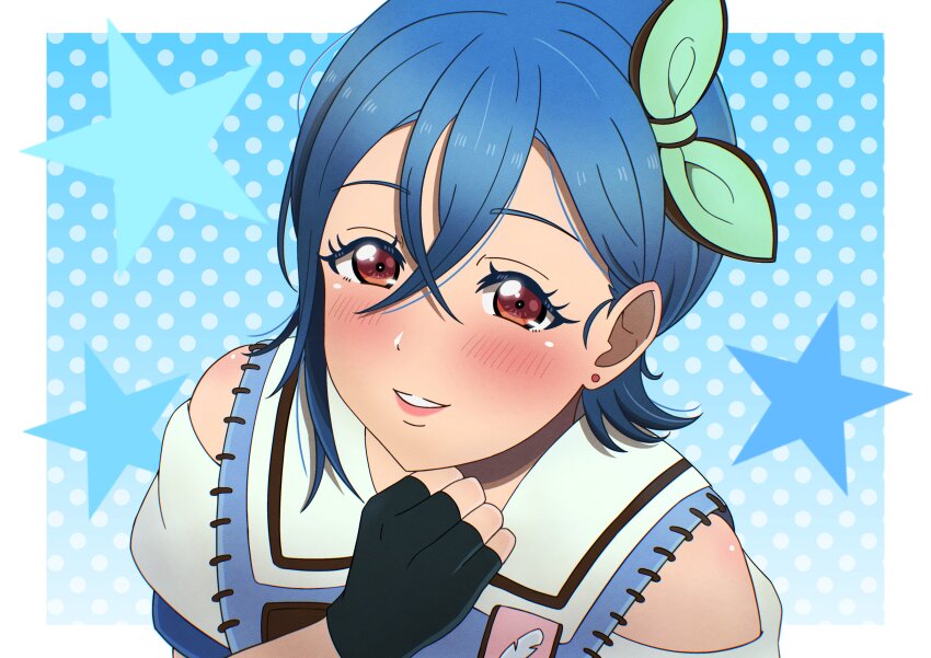 1girl, absurdres, black_gloves, blue_hair, border, clenched_hand, clenched_teeth, commentary, crossed_bangs, earrings, fingerless_gloves, gloves, hair_between_eyes, hand_up, highres, jewelry, looking_at_viewer, love_live!, love_live!_superstar!!, masha_(m_i_liella), official_alternate_costume, open_the_gate!!!_(love_live!), outside_border, parted_lips, smile, solo, star_(symbol), stud_earrings, teeth, upper_body, wakana_shiki, white_border