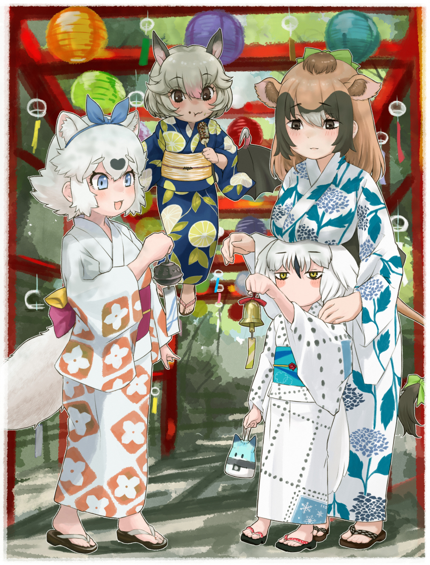4girls, absurdres, animal_ears, bat_ears, bat_girl, bat_wings, bell, bird_girl, bird_wings, blue_eyes, brown_eyes, brown_hair, cow_ears, cow_girl, egyptian_rousette_(kemono_friends), extra_ears, feathered_wings, food, grey_hair, head_wings, highres, japanese_clothes, jersey_cattle_(kemono_friends), kemono_friends, kemono_friends_3, kimono, long_hair, lucky_beast_(kemono_friends), multiple_girls, outdoors, owl_girl, raccoon_ears, raccoon_girl, raccoon_tail, sandals, short_hair, snowy_owl_(kemono_friends), tail, tanuki_(kemono_friends), toriny, white_hair, wings, yellow_eyes, yukata, zouri