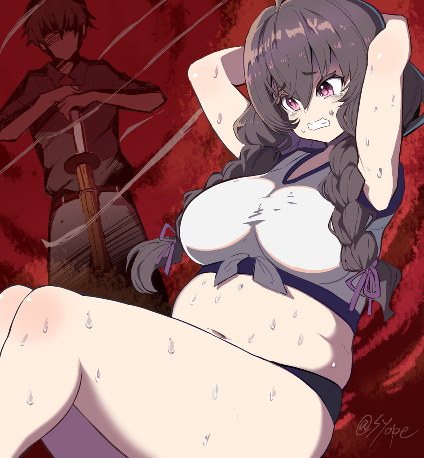 1boy, 1girl, armpits, arms_behind_head, belt, black_belt, black_shirt, braid, breasts, brown_hair, clenched_teeth, commander_(girls_garden), exercising, faceless, faceless_male, fat, fat_woman, grey_pants, hair_between_eyes, hair_ribbon, hands_on_hilt, highres, large_breasts, long_hair, low_twin_braids, luna_mellow, midriff, muv-luv, muv-luv_girls_garden, navel, pants, planted, planted_sword, planted_weapon, purple_eyes, purple_ribbon, ribbon, shinai, shirt, short_hair, signature, sit-up, sweat, sweatdrop, sword, syope, tank_top, tears, teeth, twin_braids, weapon, white_tank_top