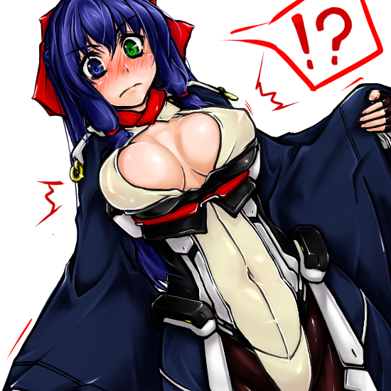 !?, 1girl, asama_tomo, blush, bodysuit, breasts, cleavage, female_focus