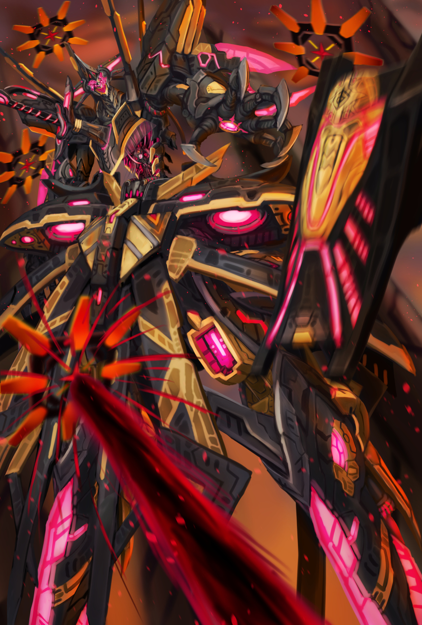 1girl, absurdres, bodysuit, claws, cockpit, duel_monster, glowing, grey_hair