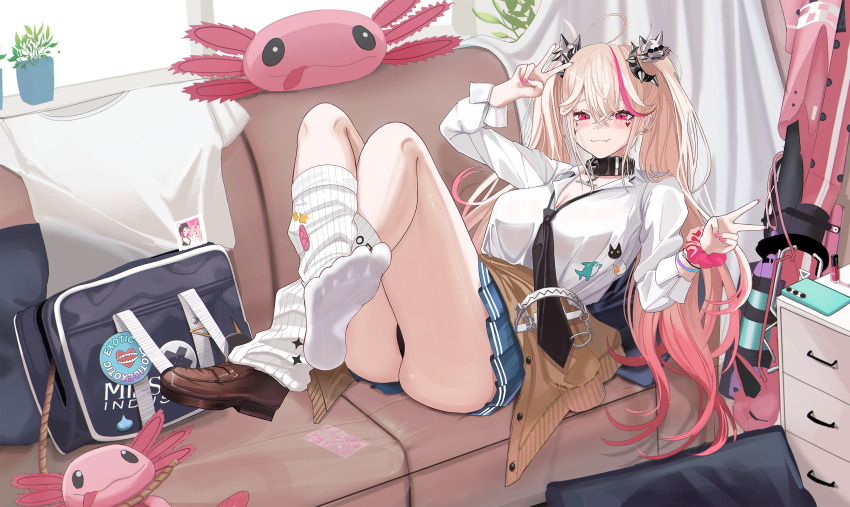 1girl, 96mako, animal_hair_ornament, ass, bear_trap, belt_collar, black_necktie, black_panties, blue_skirt, breasts, cardigan, cardigan_around_waist, cleavage, clothes_around_waist, collar, couch, dog_hair_ornament, double_v, facial_mark, fang, fang_out, goddess_of_victory:_nikke, hair_ornament, heart, heart_facial_mark, highres, jackal_(class_troublemaker)_(nikke), jackal_(nikke), light_smile, loose_necktie, loose_socks, medium_breasts, multicolored_hair, necktie, official_alternate_costume, on_couch, panties, pleated_skirt, ribbed_socks, school_uniform, shirt, skirt, socks, solo, sparkle_facial_mark, streaked_hair, stuffed_axolotl, thighs, twintails, underwear, v, white_shirt