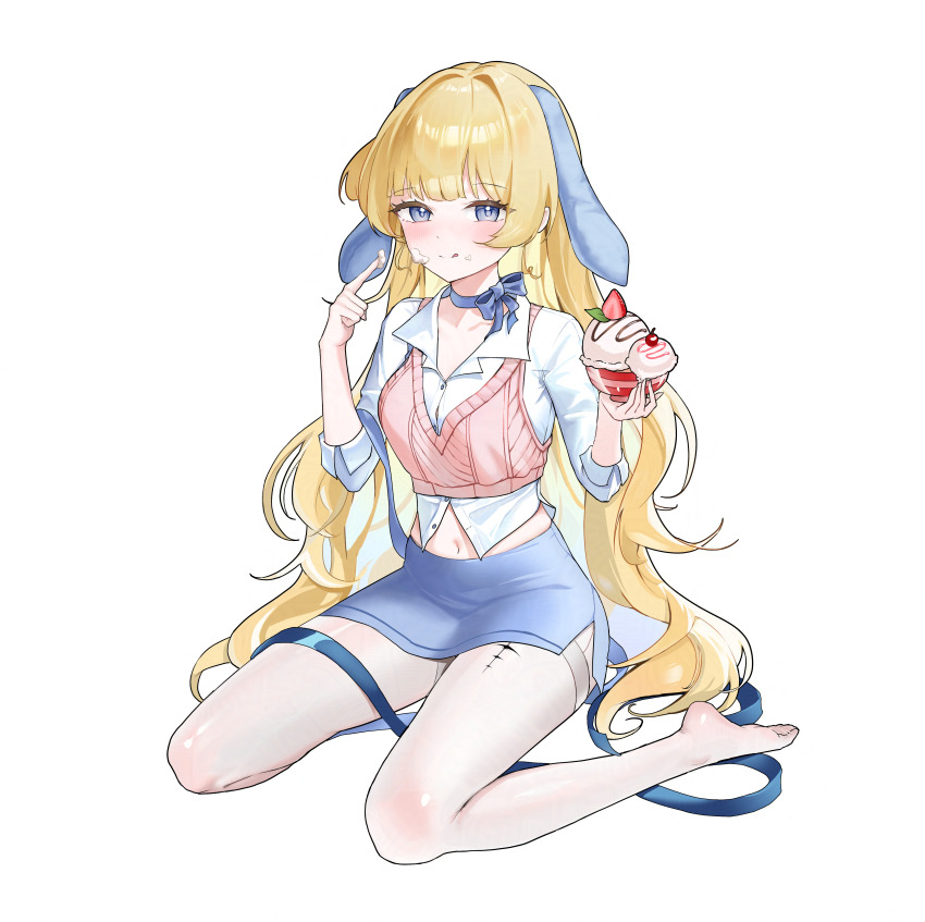 1girl, :q, absurdres, animal_ears, blonde_hair, blue_eyes, blue_ribbon, blue_skirt, blush, breasts, chuvi_y, closed_mouth, commentary, cream, cream_on_face, cream_on_finger, crop_top, english_commentary, fake_animal_ears, food, food_on_face, highres, holding, holding_food, holding_ice_cream, ice_cream, long_hair, looking_at_viewer, medium_breasts, navel, neck_ribbon, phoebe_(wuthering_waves), pink_sweater, rabbit_ears, ribbon, shirt, side_slit, simple_background, sitting, skirt, sleeveless, sleeveless_sweater, smile, solo, sweater, tacet_mark_(wuthering_waves), thighhighs, tongue, tongue_out, very_long_hair, wariza, white_background, white_shirt, white_thighhighs, wuthering_waves
