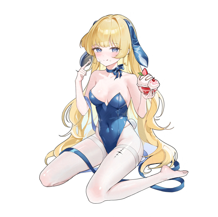 1girl, :q, absurdres, animal_ears, bare_shoulders, blonde_hair, blue_eyes, blue_leotard, blue_ribbon, blush, breasts, chuvi_y, closed_mouth, commentary, covered_navel, cream, cream_on_face, cream_on_finger, english_commentary, fake_animal_ears, food, food_on_face, highleg, highleg_leotard, highres, holding, holding_food, holding_ice_cream, ice_cream, leotard, long_hair, looking_at_viewer, medium_breasts, neck_ribbon, no_shoes, phoebe_(wuthering_waves), playboy_bunny, rabbit_ears, rabbit_tail, ribbon, simple_background, sitting, smile, solo, strapless, strapless_leotard, tacet_mark_(wuthering_waves), tail, thighhighs, tongue, tongue_out, very_long_hair, wariza, white_background, white_thighhighs, wuthering_waves