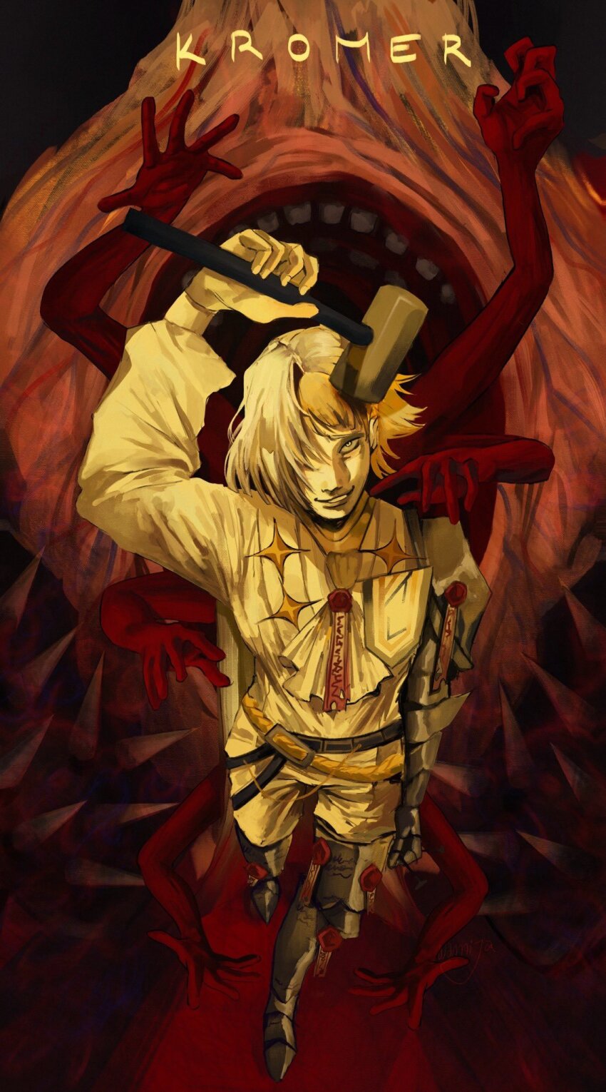 1girl, ascot, blonde_hair, character_name, from_above, full_body, gauntlets, hammer, highres, holding, holding_hammer, kromer_(project_moon), limbus_company, looking_at_viewer, multicolored_hair, open_mouth, project_moon, purity_seal, solo, wa00e0, white_ascot, white_hair