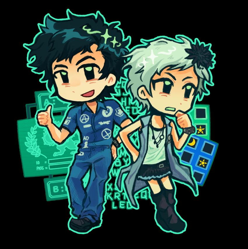 1boy, 1girl, absurdres, anarchy_symbol, aqua_outline, black_background, black_boots, black_flower